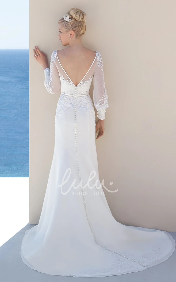 Chiffon Sheath Wedding Dress with Puff Sleeves and Court Train Unique Bridal Gown