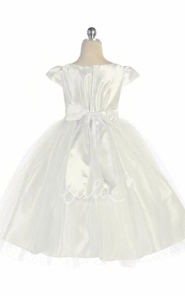 Beaded Tulle&Satin Flower Girl Dress Cap-Sleeve Tea-Length