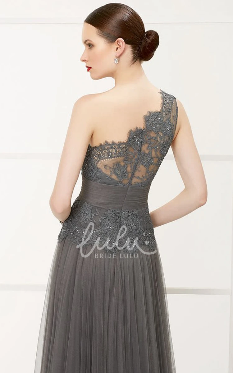 One Shoulder A-Line Tulle Prom Dress with Lace Top and Sequins