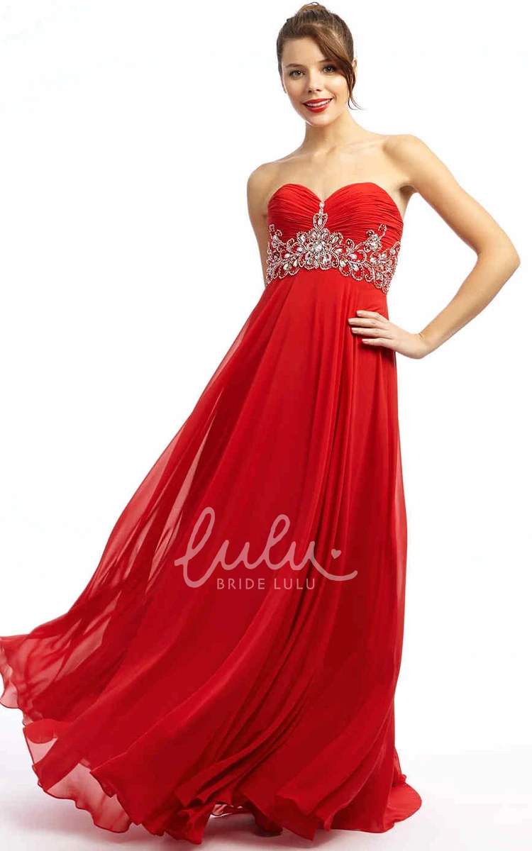 A-Line Sweetheart Ruched Chiffon Prom Dress with Beading Maxi Empire Style
