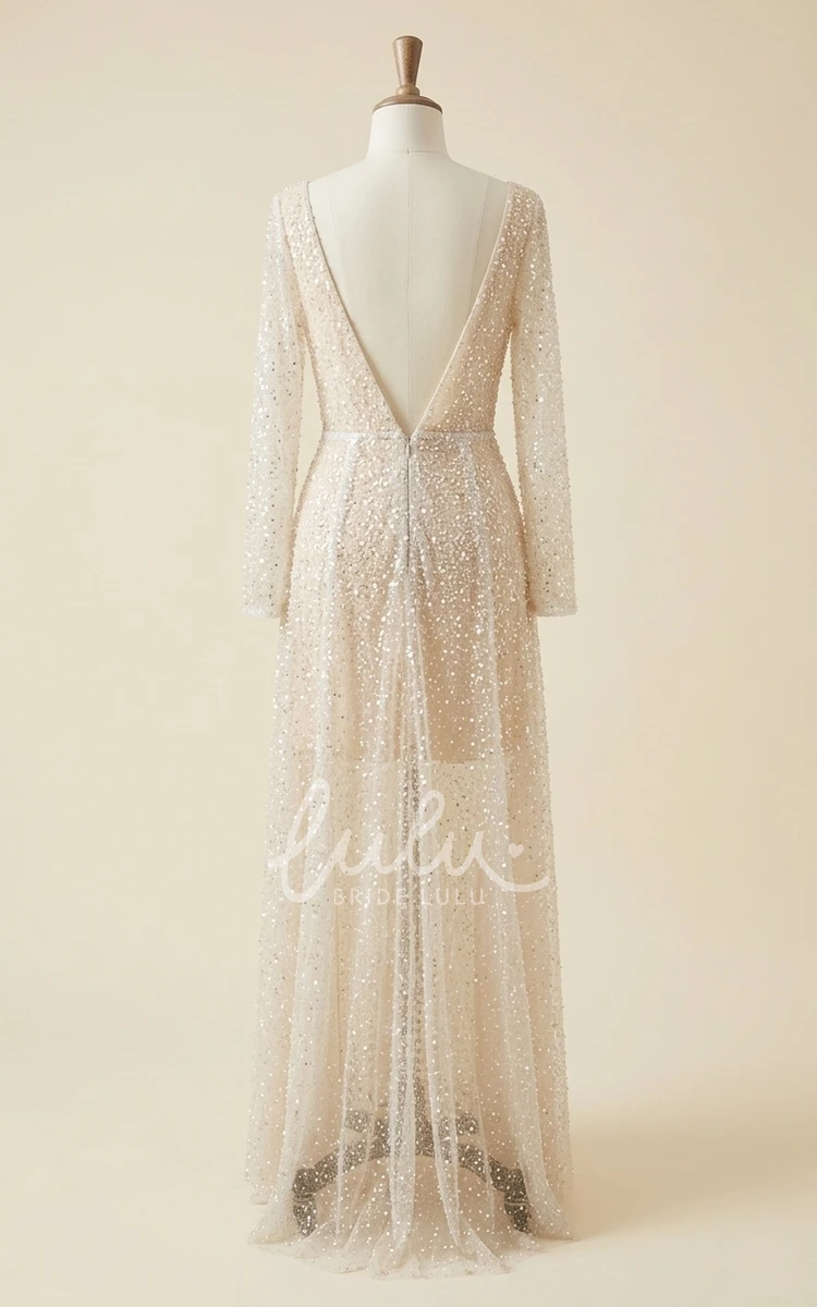 Beach A-Line Long Sleeve Sparkly Wedding Dress Casual Floor Length V-Neck Spring Bridal Gown