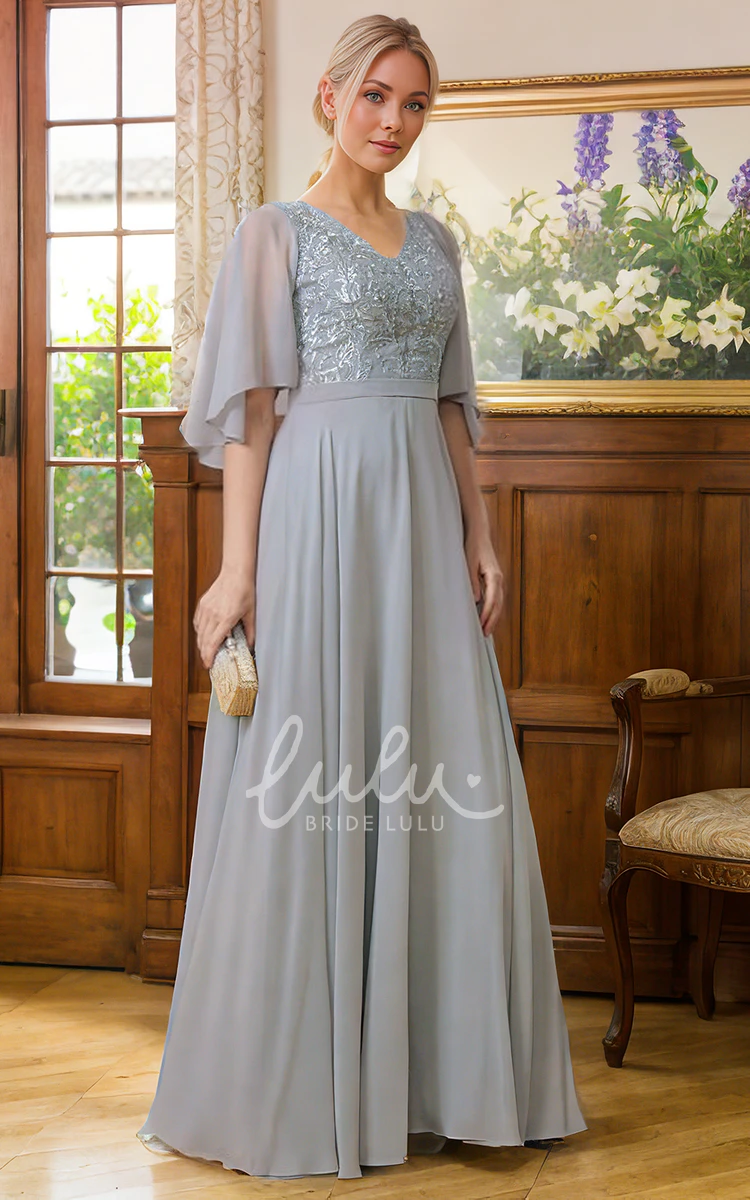 V-neck Elegant A-Line Floor-length Bat Sleeve Lace Appliques Mother of the Bride Dress