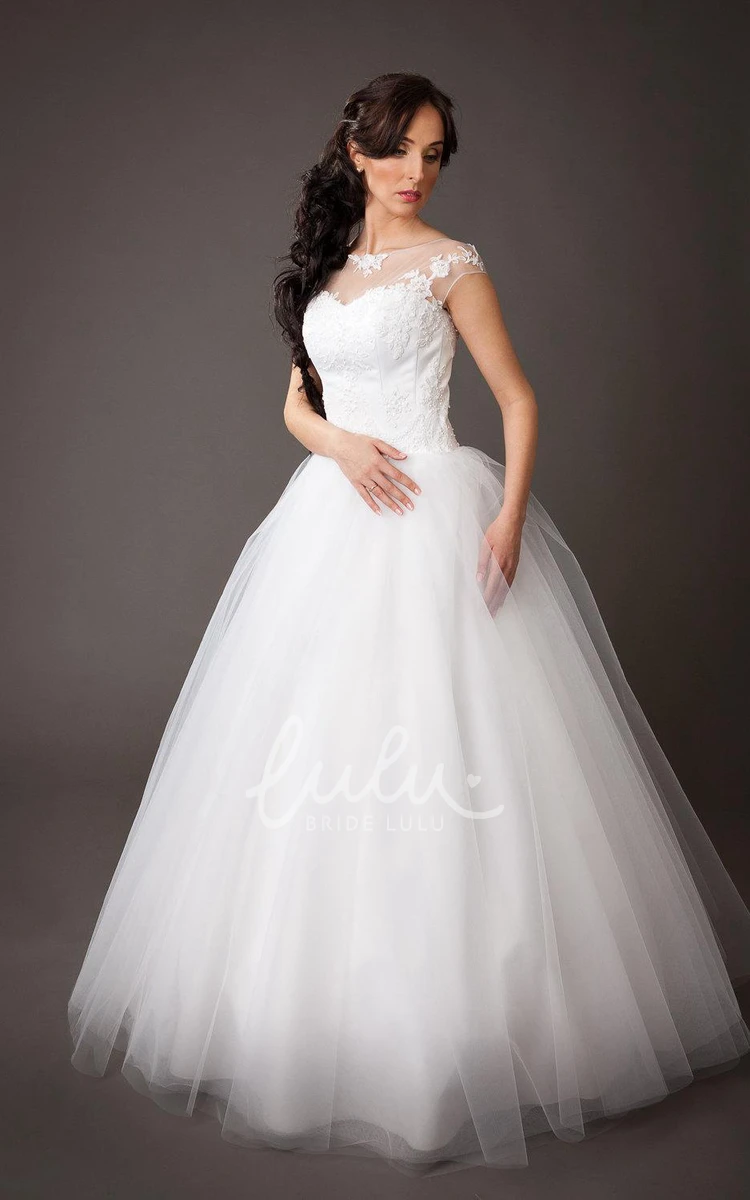 Vintge Bateau Neck Cap Sleeve Tulle Ball Gown With Lace Corset Top