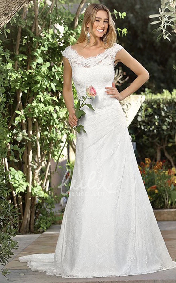 Lace Cap-Sleeve V-Neck Sheath Wedding Dress with Side Draping Elegant Bridal Gown