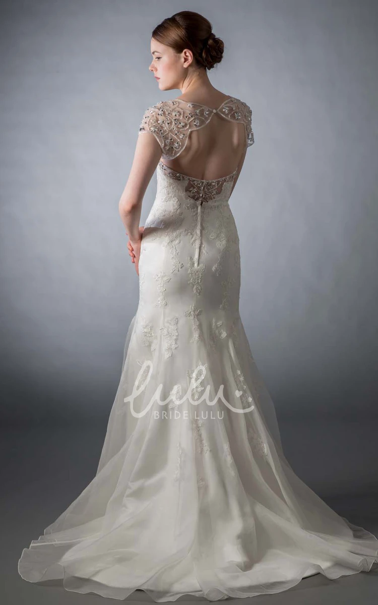 Beaded Lace Mermaid Wedding Dress with Cap Sleeves and Keyhole Elegant Bridal Gown