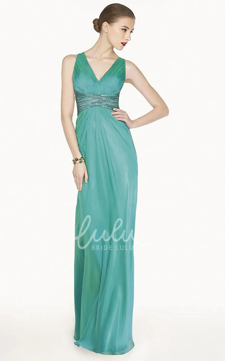 V-Neck Sheath Prom Dress with Crystal Criss Cross Straps Long Flowy Women