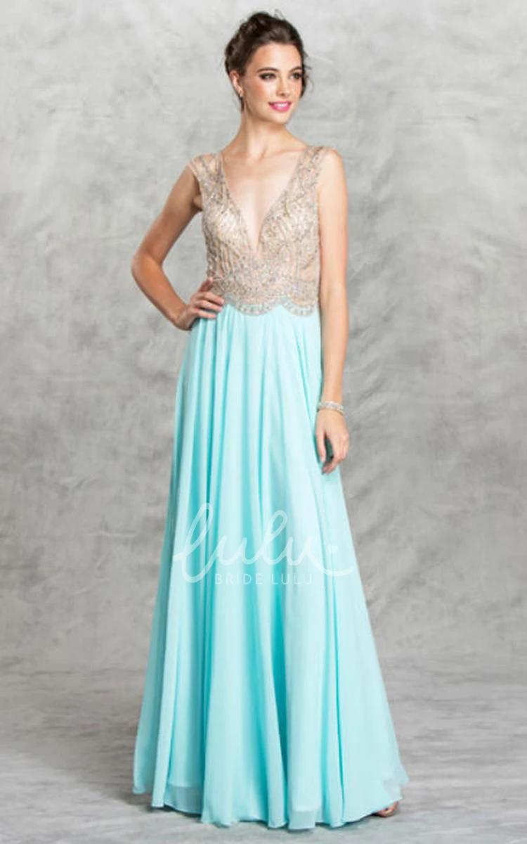 Chiffon Deep-V Back Dress with Pleats and Beading for Prom