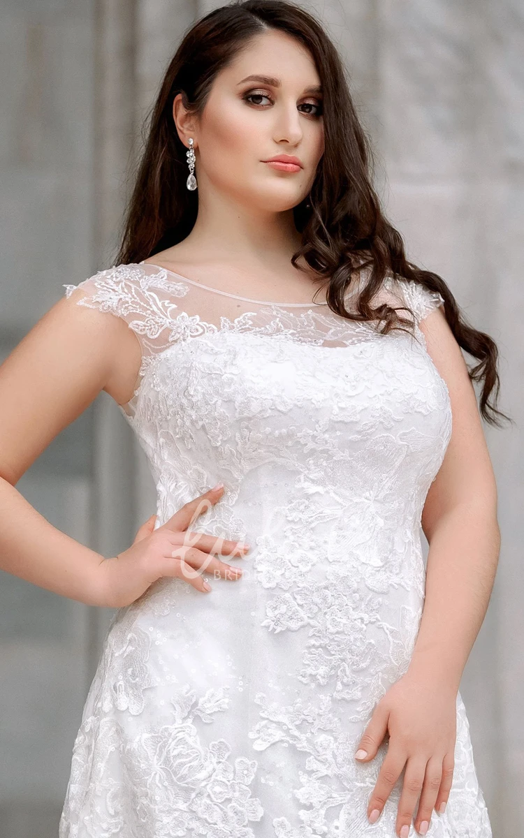 Short Sleeve Lace A Line Wedding Dress with Court Train and Appliques Modern Style