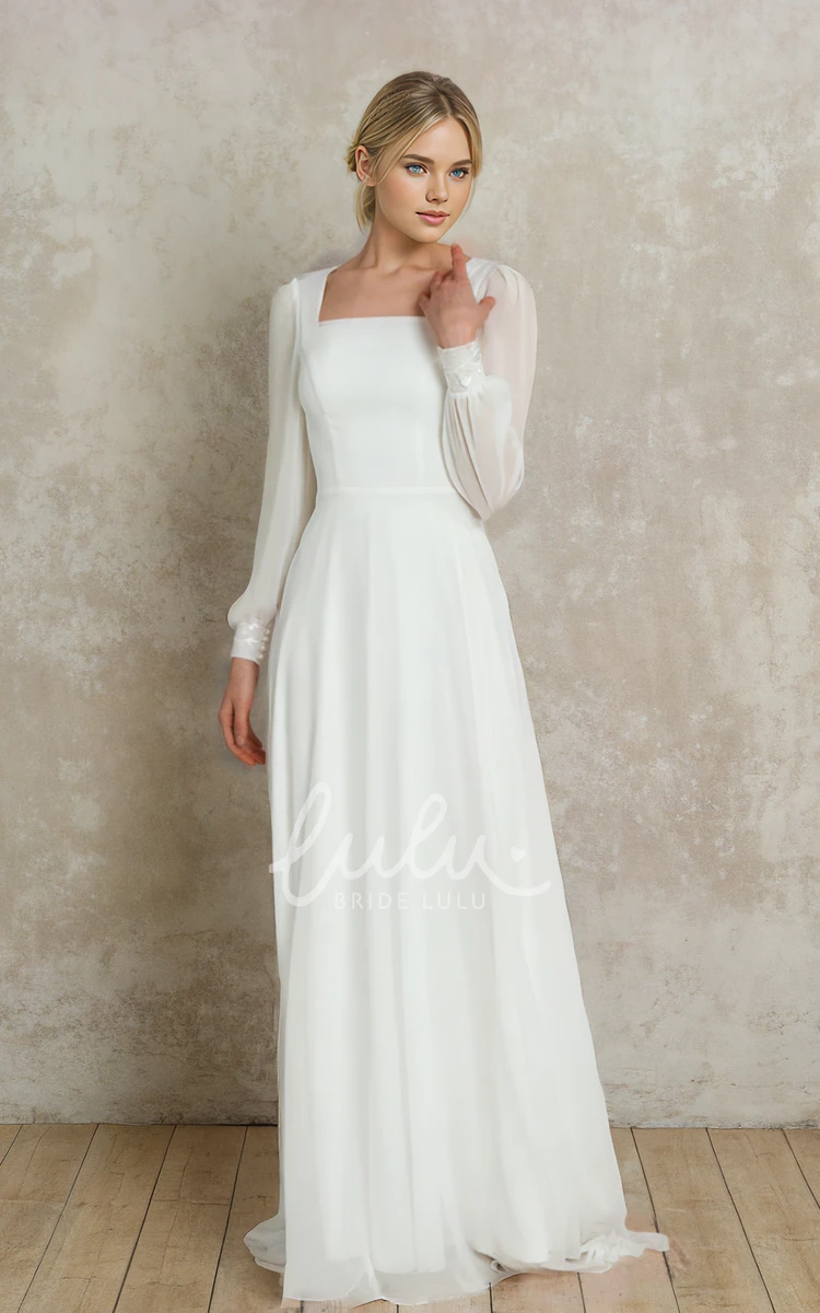 A-Line Square Neck Elegant Vintage Chiffon Wedding Dress Floor-length Long Sleeve Bridal Gown with Button Back Sweep Train