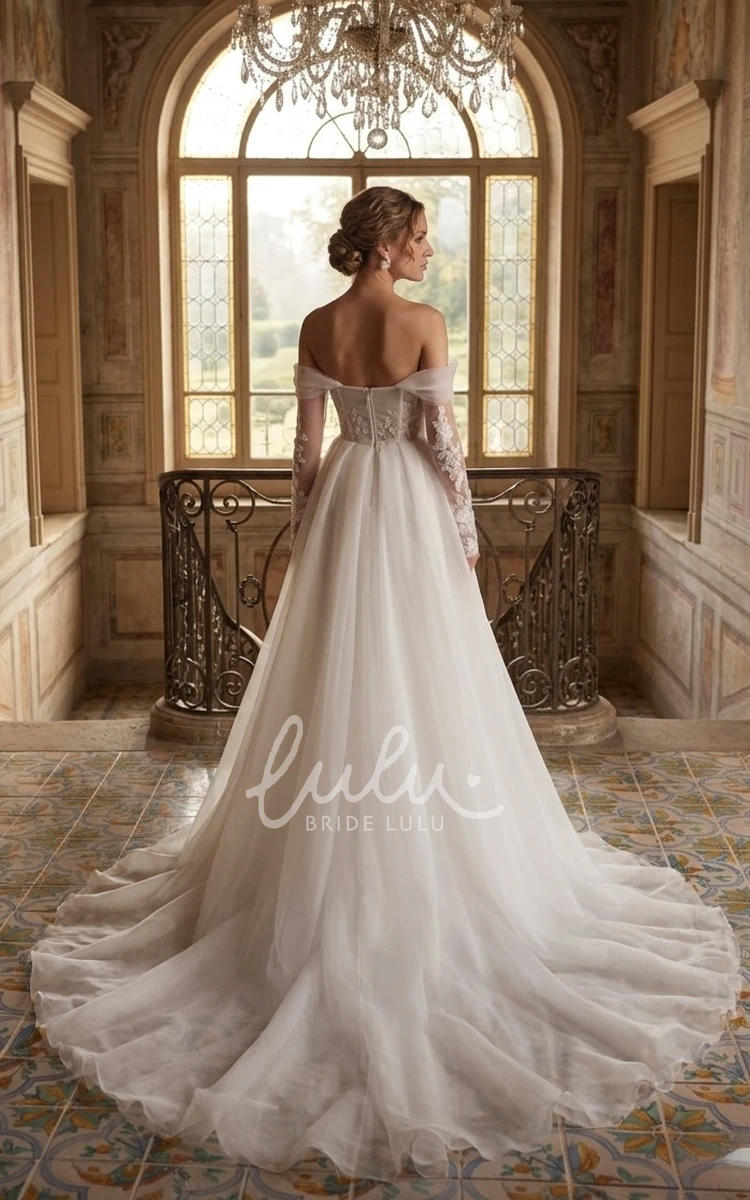 Off-the-shoulder A-Line Lace Chiffon Spring Wedding Dress Long Sleeve Appliques Open Back Bridal Gown with Train
