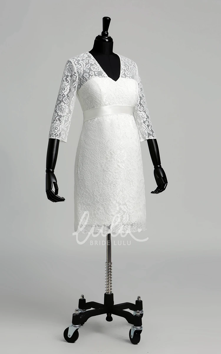 Maternity Wedding Dress Lace A-line V-neck Illusion 3/4 Length Sleeve Ruched