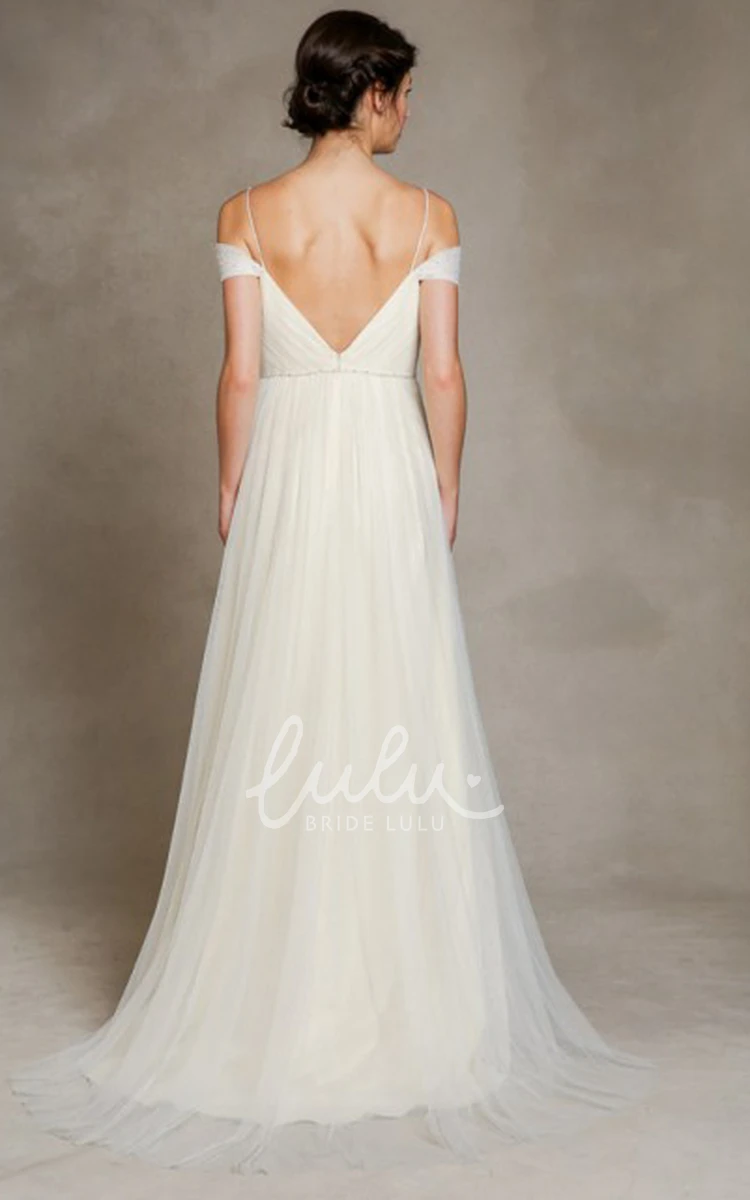 Spaghetti Strap Tulle A-Line Wedding Dress with Jeweled Accents and Pleats