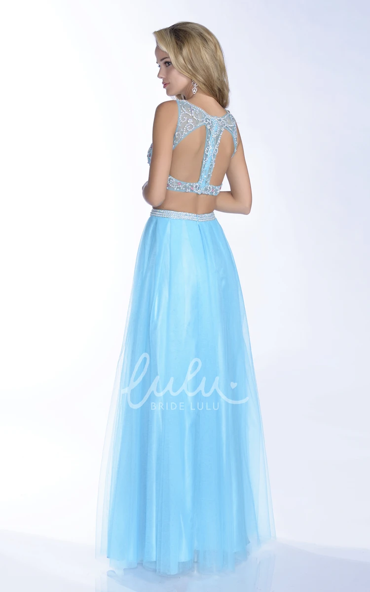 A-Line Tulle Sleeveless Prom Dress with Jeweled Bodice and Bateau Neckline