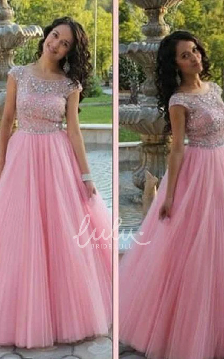 Tulle Floor-Length Formal Dress with Beading and Short Sleeves