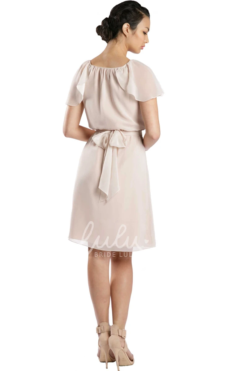 Off-The-Shoulder Knee-Length Chiffon Bridesmaid Dress in Multi-Color Short Sleeves and Bow Detail