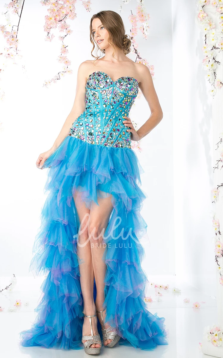 High-Low Tulle Corset Back Formal Dress with Beading and Tiers