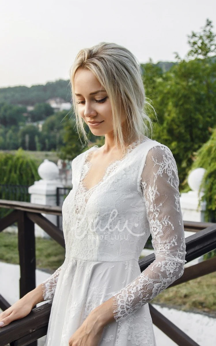 Sexy Lace Wedding Dress with Deep V-neck and Long Sleeve Short Lace Sexy Wedding Dress