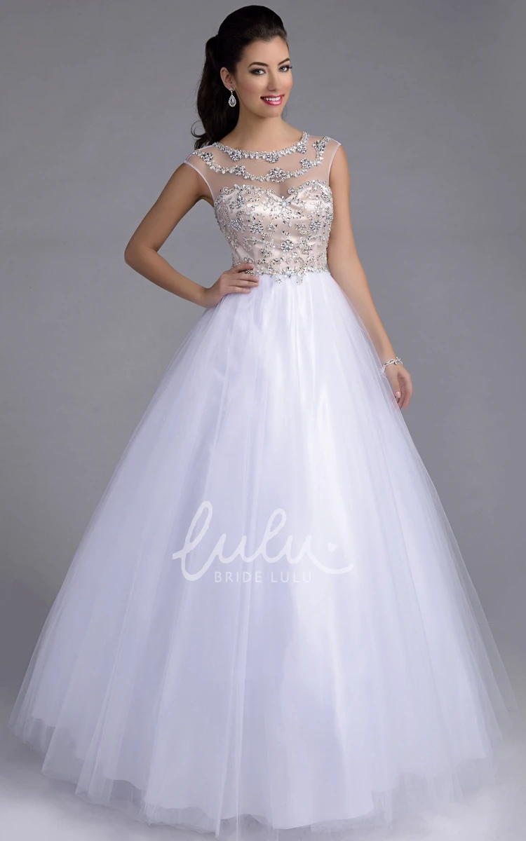 Illusion Back Tulle Cap Sleeve Prom Dress with Rhinestone Bodice