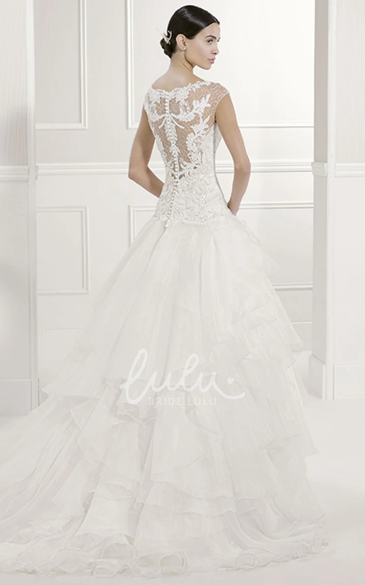 Cap Sleeve Organza Bridal Gown with Jewel Neck and Lace