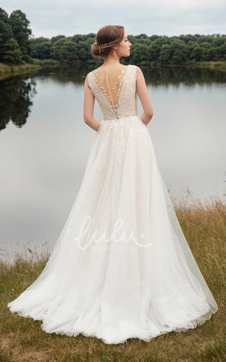 Elegant Boho A-Line V-neck Fall Autumn Wedding Dress with Sleeveless Sweep Train