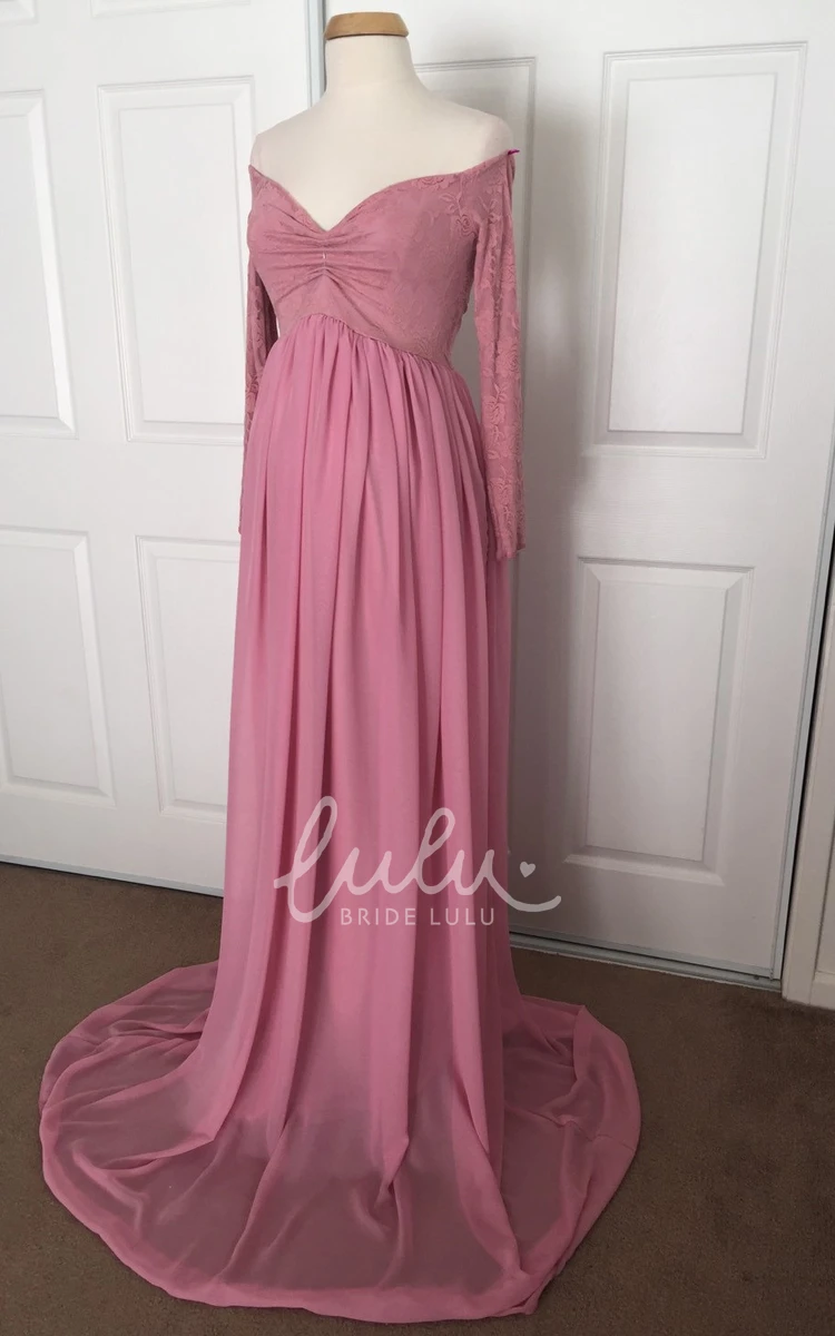 A-line Chiffon Lace Off-the-shoulder Maternity Dress with Long Sleeves