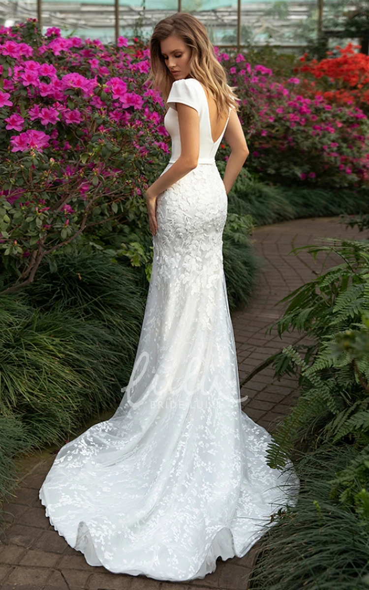 Satin Beach Wedding Dress with Cap Sleeves and Appliques Plunging Neckline Mermaid