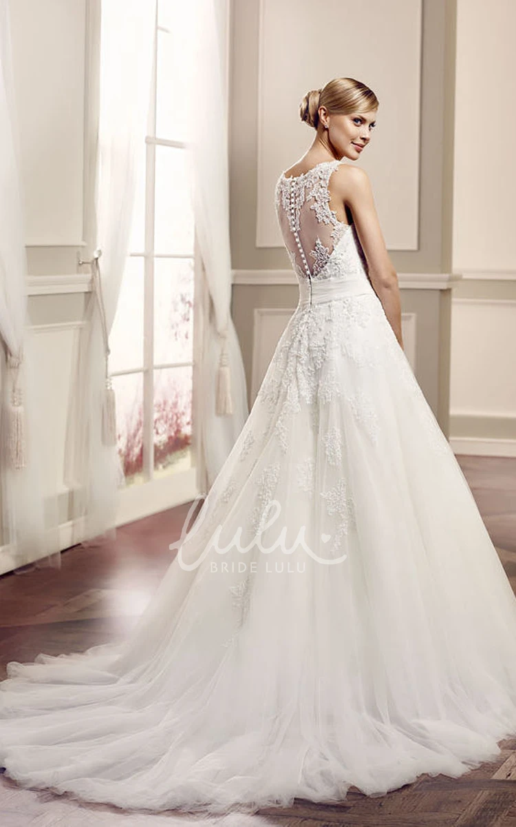 V-Neck Tulle Ball-Gown Wedding Dress with Illusion Back Flowy Bridal Gown