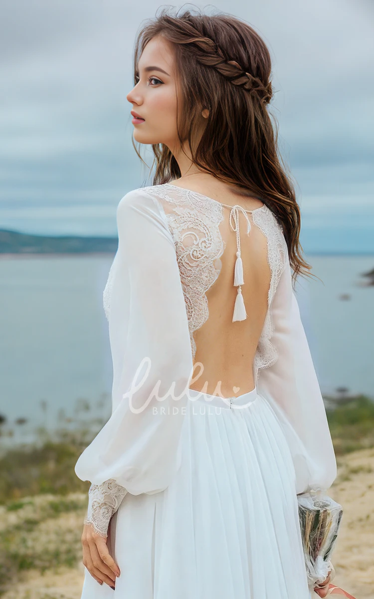 Beach Retro A-Line Boho Lace Cuff Wedding Dress Simple Modest Hippie Flowy Chiffon Split Front Backless Bridal Gown