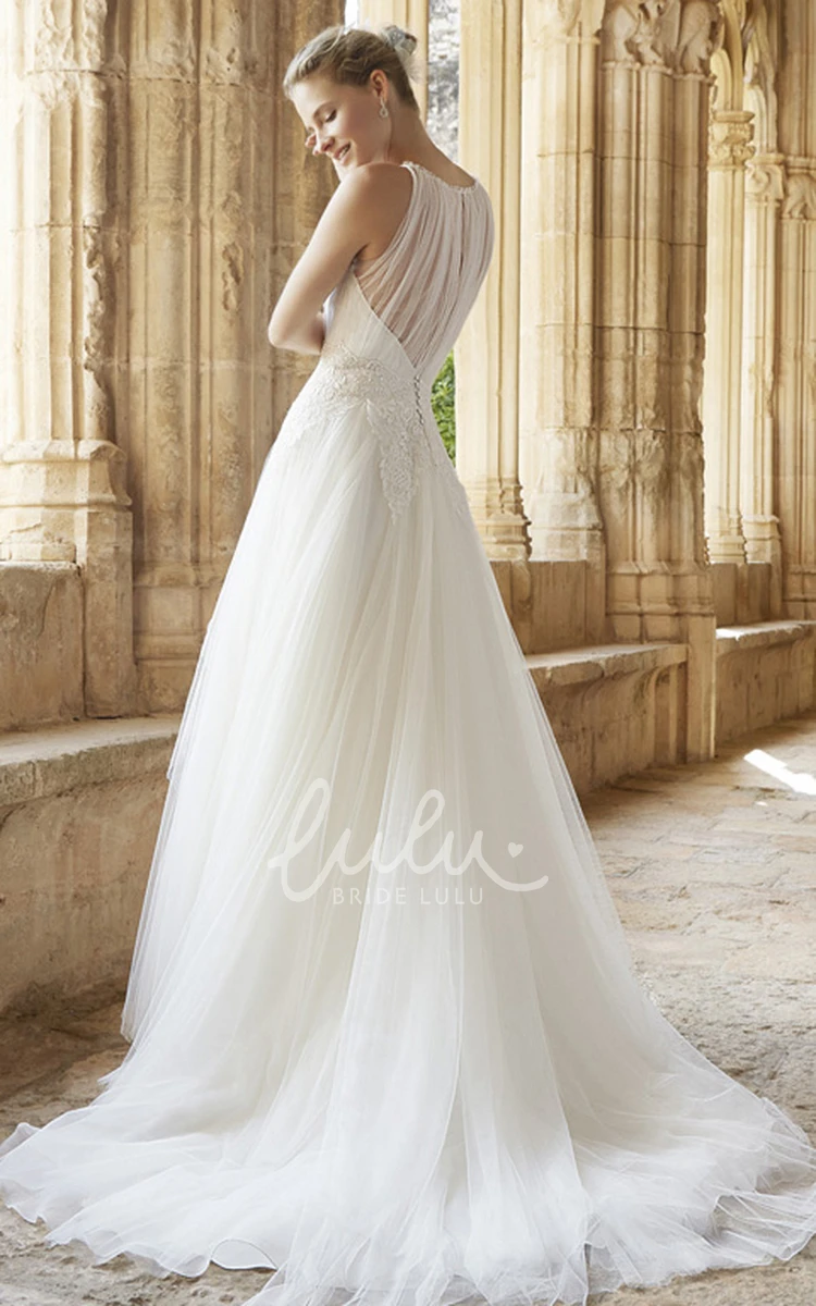 Jewel Appliqued A-Line Tulle Wedding Dress with Illusion Back and Ruffles