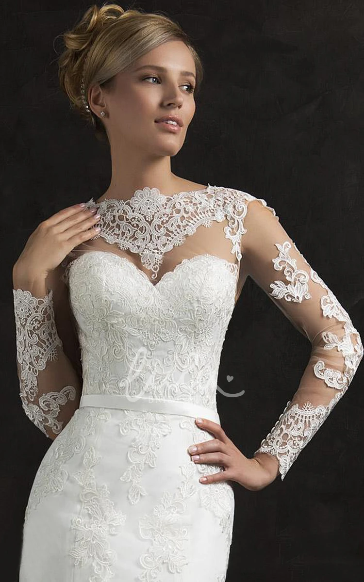 Lace A-Line Court Train Wedding Dress with Bell Sleeves and Keyhole Back