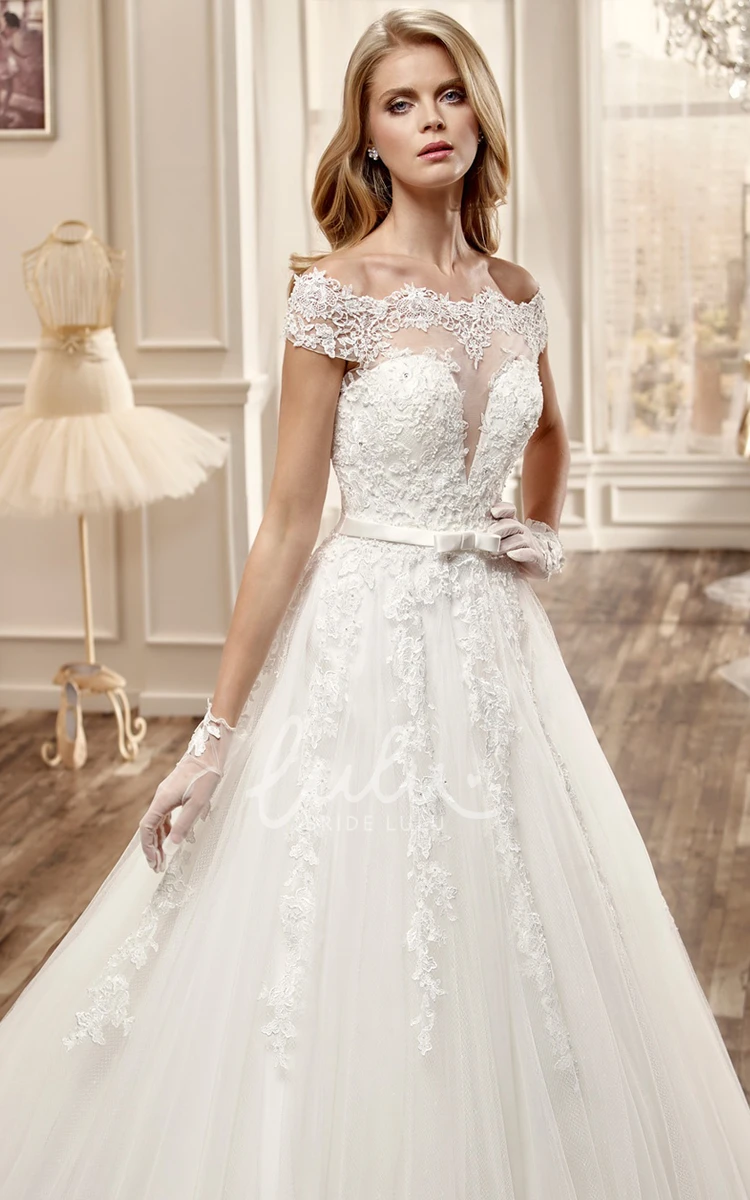 Lace Off-Shoulder A-Line Wedding Dress with Deep-V Romantic Bridal Gown