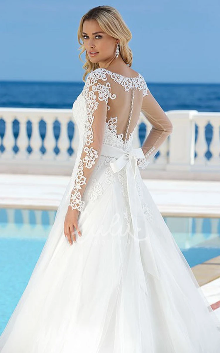 Long-Sleeve Tulle Wedding Dress with Applique Classic Bridal Gown