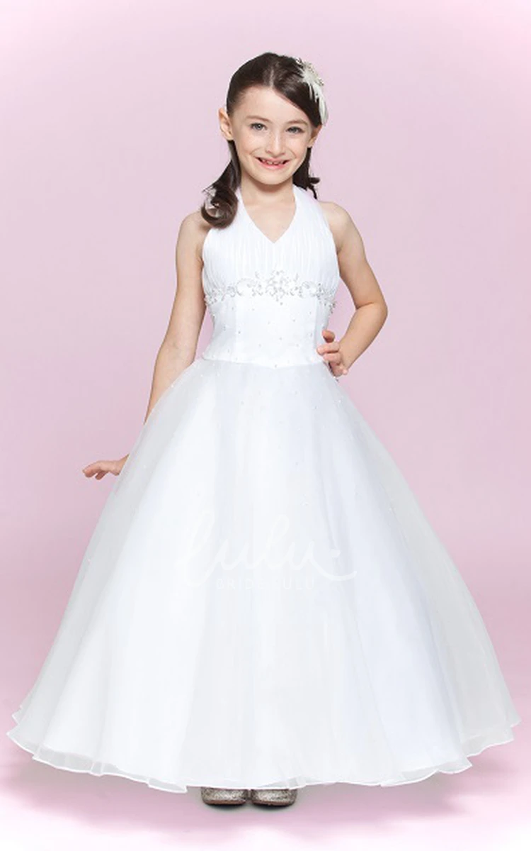 Organza Halter Ball Gown Flower Girl Dress with Appliques