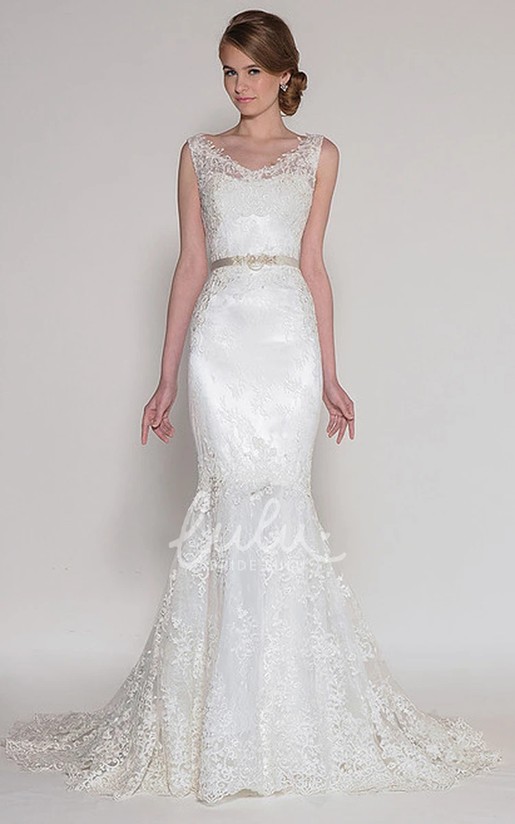 Jeweled Mermaid Lace Wedding Dress Sleeveless V-Neck Bridal Gown
