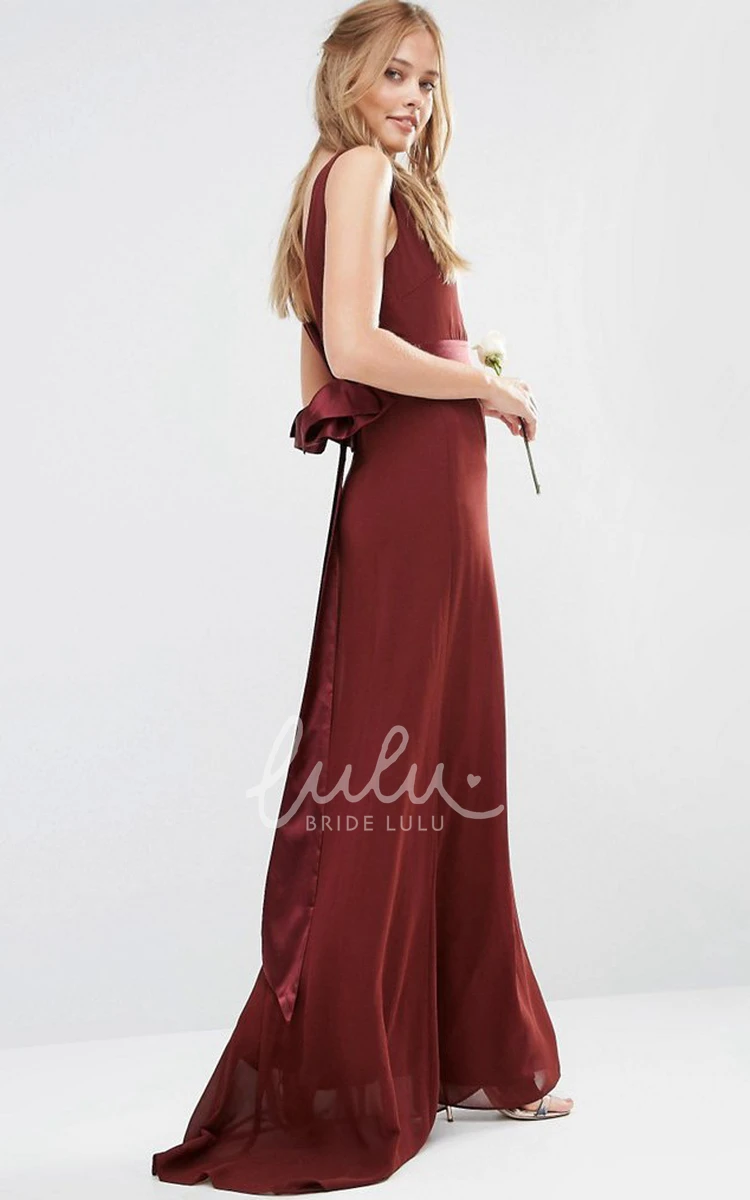 Maxi A-Line Chiffon Bridesmaid Dress with Jewel-Neck and Bow Sleeveless