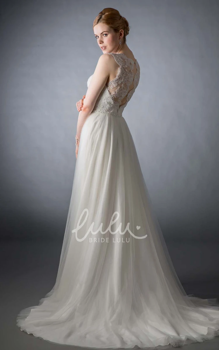 Scoop Appliqued Chiffon Wedding Dress Long Sweep Train