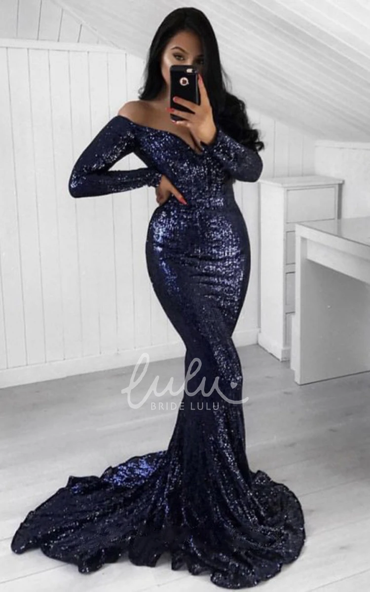 Sequins Off-shoulder Mermaid Formal Dress with Long Sleeves