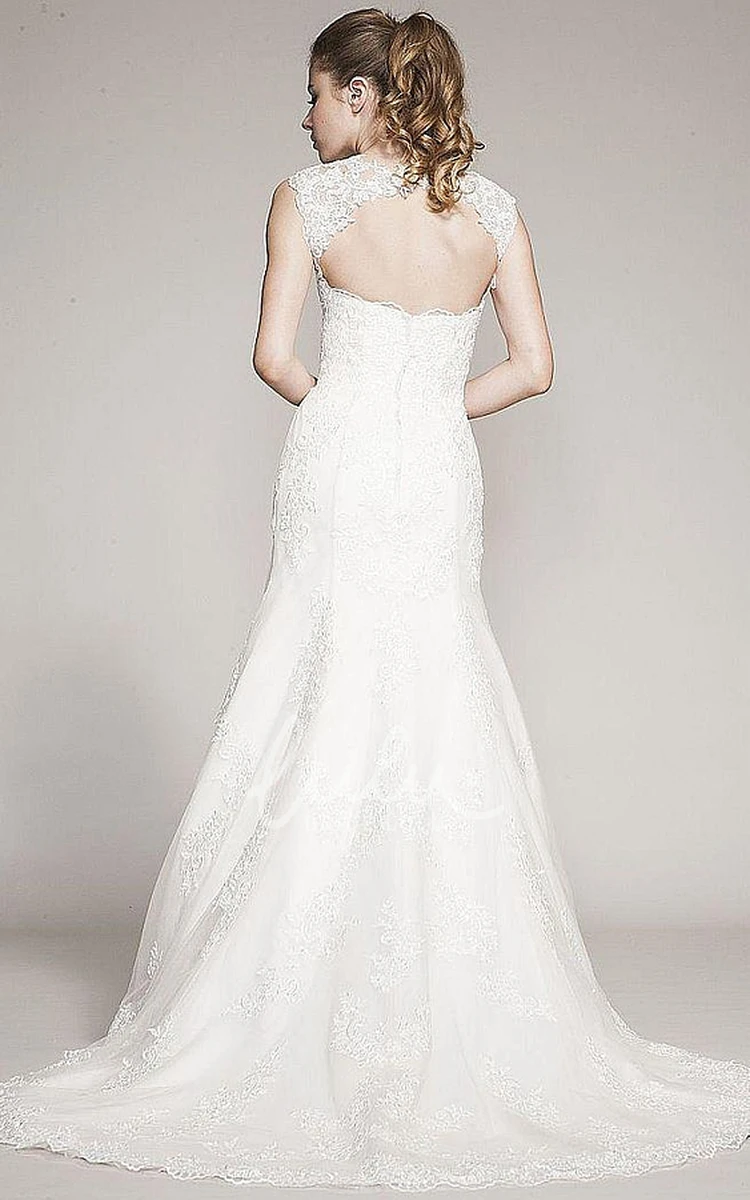 Beaded Lace A-Line Wedding Dress with Queen-Anne Neckline and Floor-Length