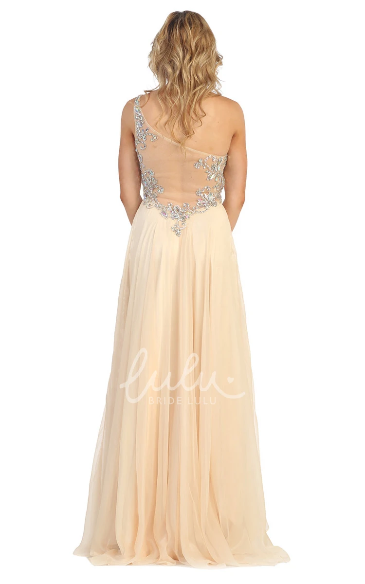 Chiffon A-Line One-Shoulder Sleeveless Dress with Draping and Flowy Skirt