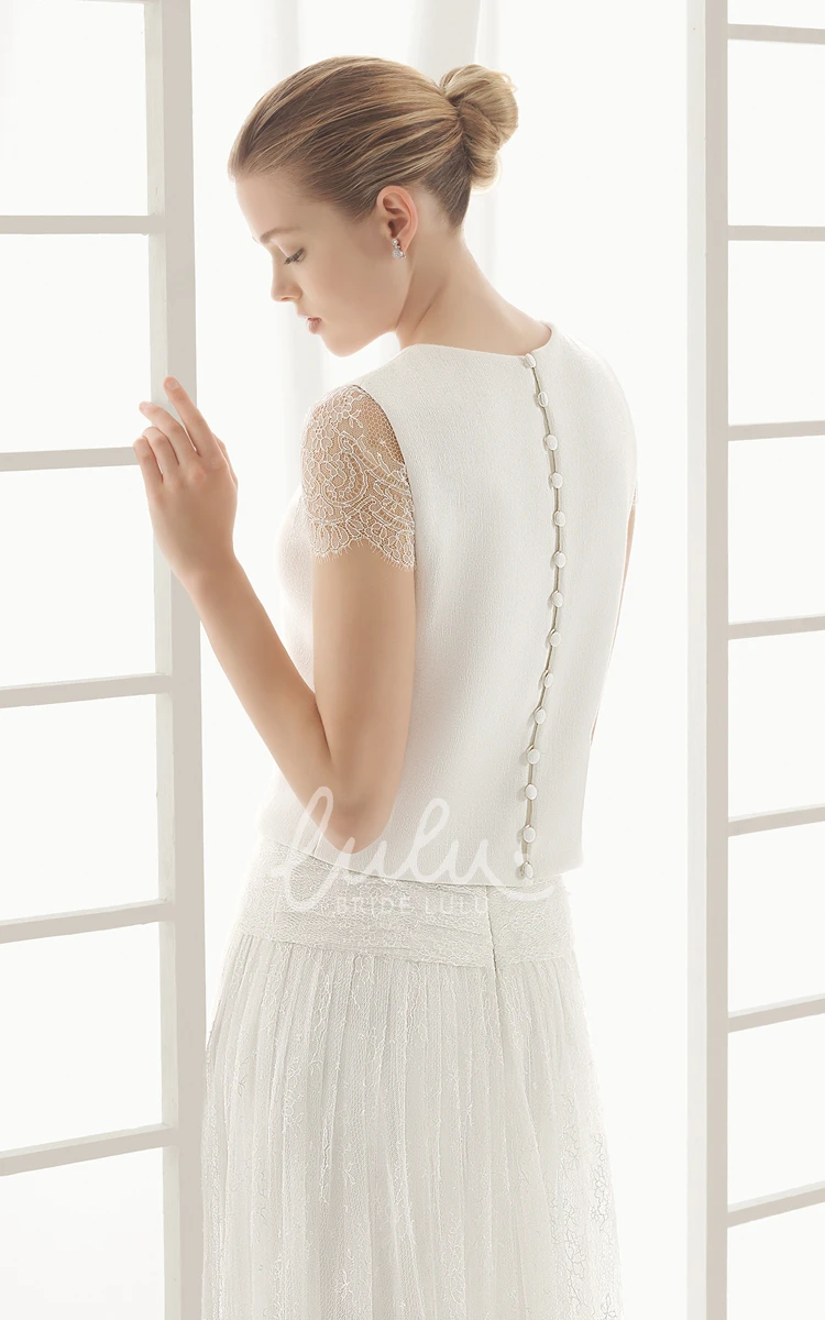 Cap-sleeved Lace Wedding Dress with Dropped Waistband and Decorative Buttons