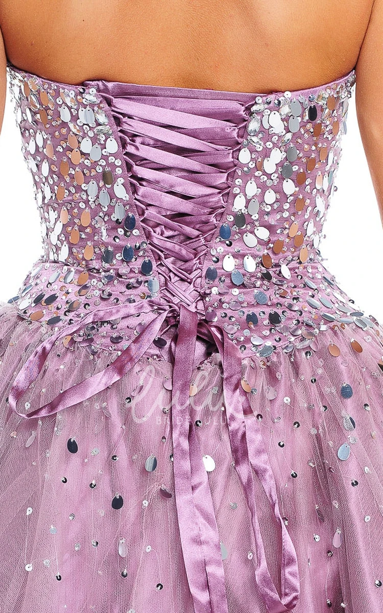 Sequined Tulle Strapless Prom Dress Ball Gown Style with Beading and Bow