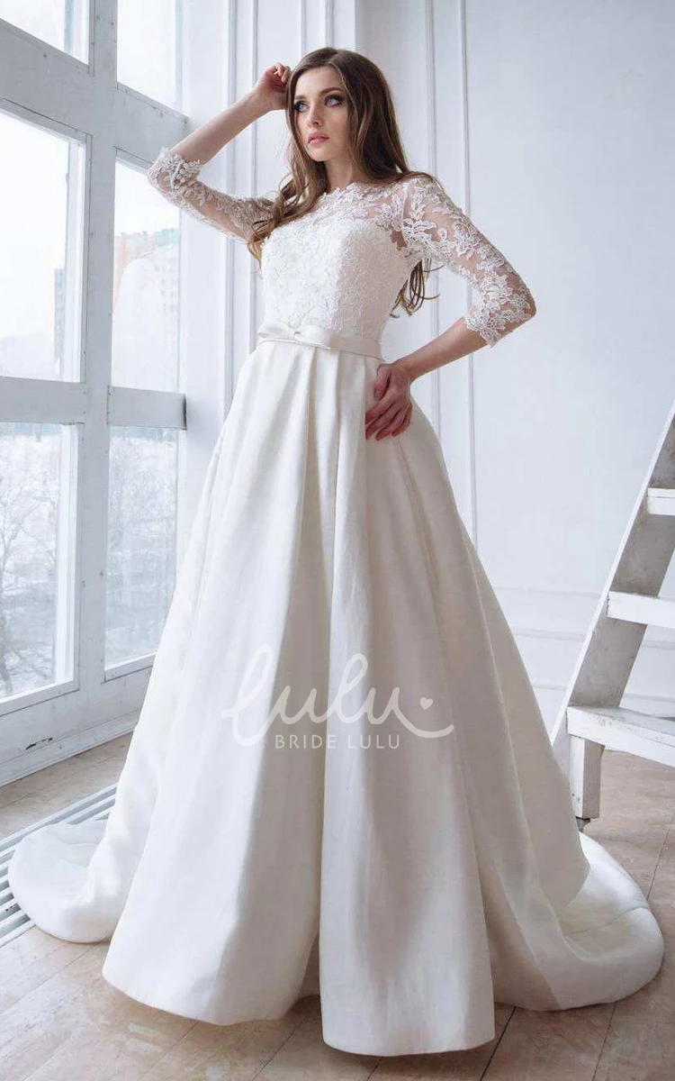 Satin A-line Wedding Dress with Lace Sleeves and Corset Back 