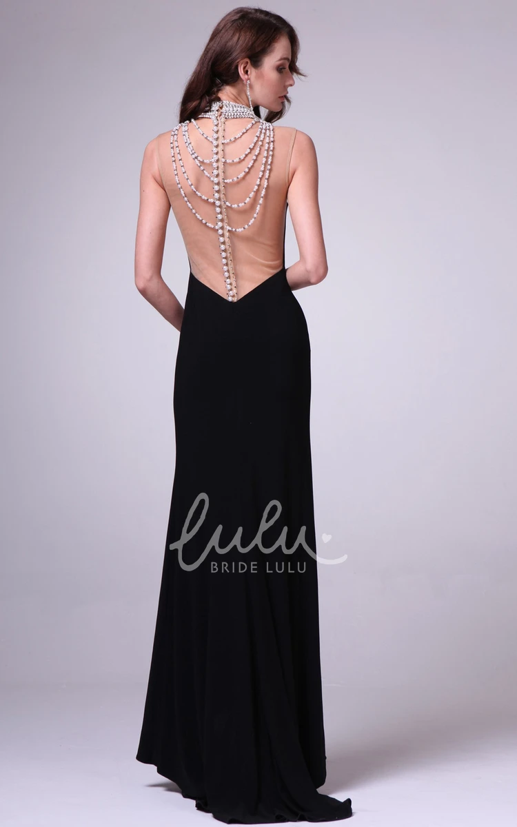 High Neck Sleeveless Jersey Formal Dress with Beading and Split Front