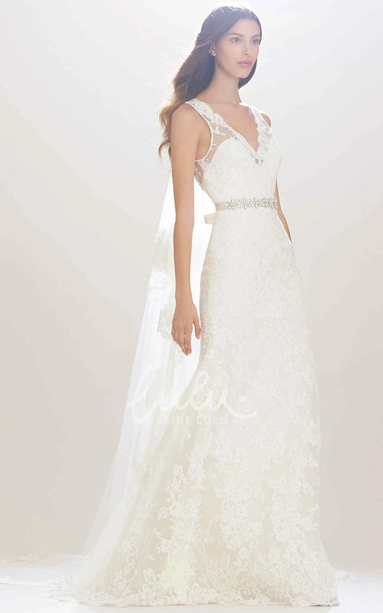 V-Neck Lace Wedding Dress with Bow and Waist Jewellery Sleeveless Sheath Gown