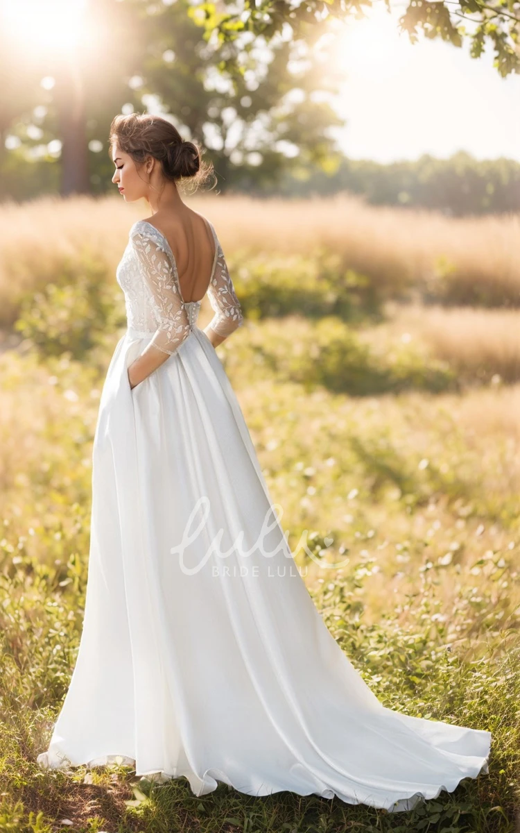 Elegant A-Line V-neck Appliques Wedding Dress 3/4 Length Sleeve Fall Autumn Gown