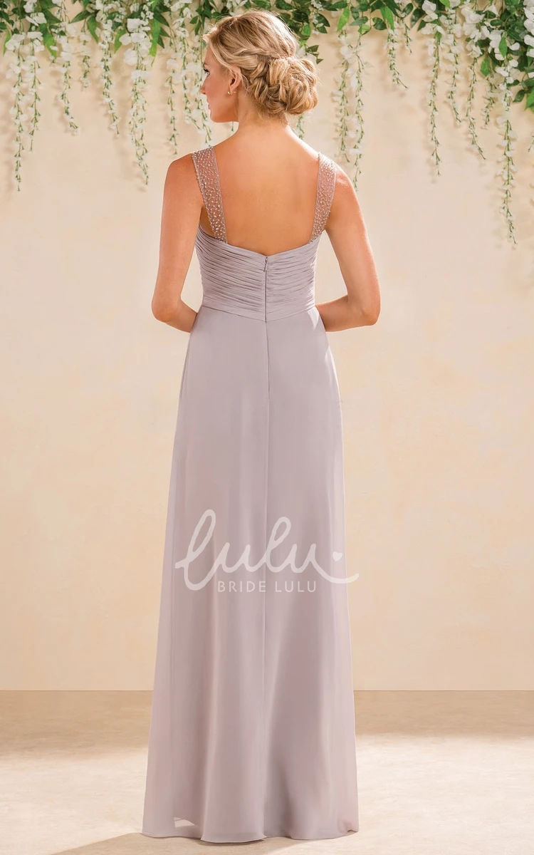 Sleeveless A-Line Bridesmaid Dress with Illusion Straps and Front Slit Flowy Bridesmaid Dress