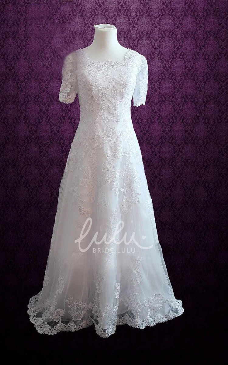 A-Line Lace Dress with Short Sleeves and Modest Scoop Neck Simple Wedding Dress