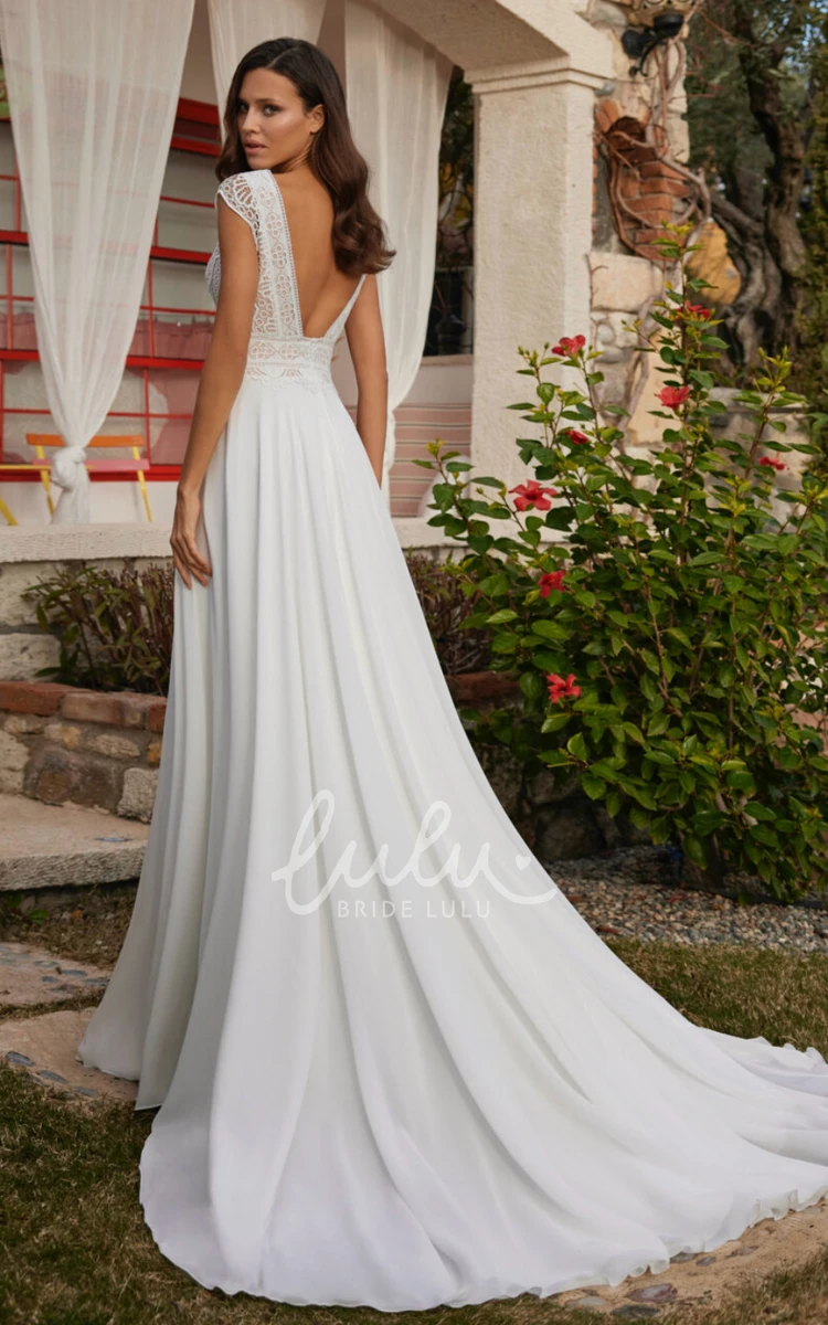 V-neck Chiffon Country Bohemian Wedding Dress with Deep-V Back Lace