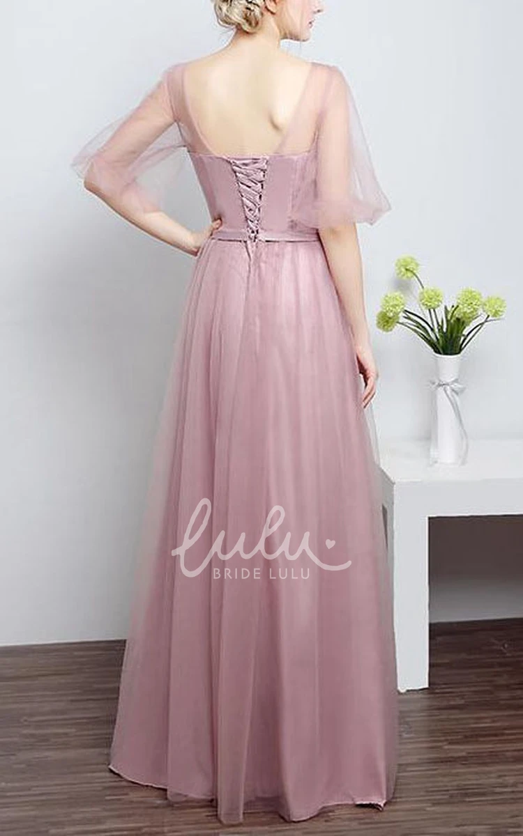 Simple A-line Illusion Dress with Flower Sash and Tulle