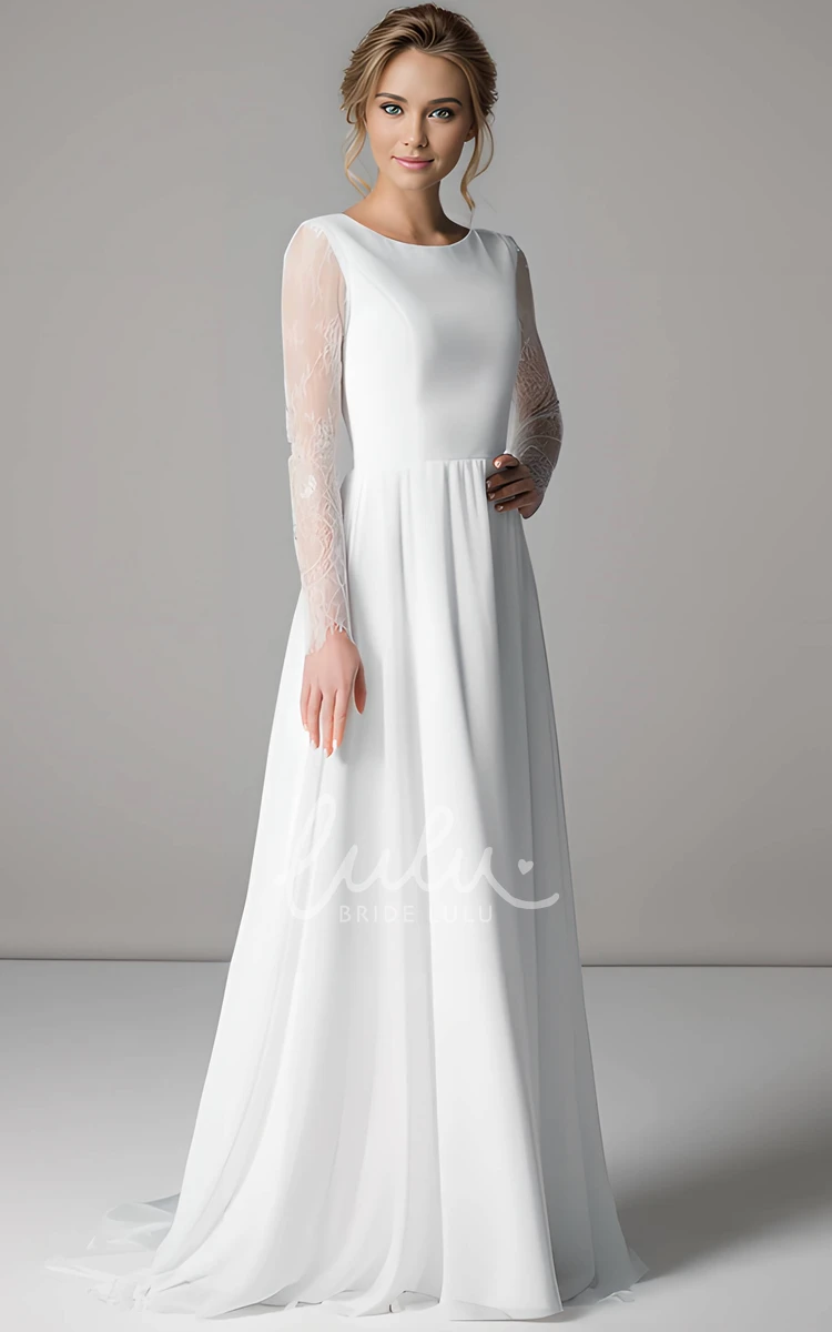 Casual Modest Long Sleeve A-Line Bridal Gown Romantic Beach Country Jewel Neck Wedding Dress with Pearl Button Back